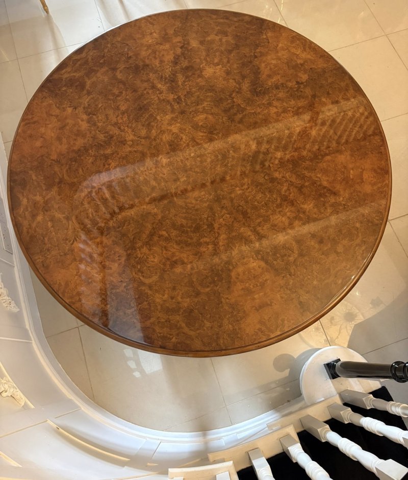 Antique Exceptional Quality Burr Walnut Circular Extending Dining Table Seating 10 with Radial Leaves & Matching Burr Walnut Leaf Holder - Image 36